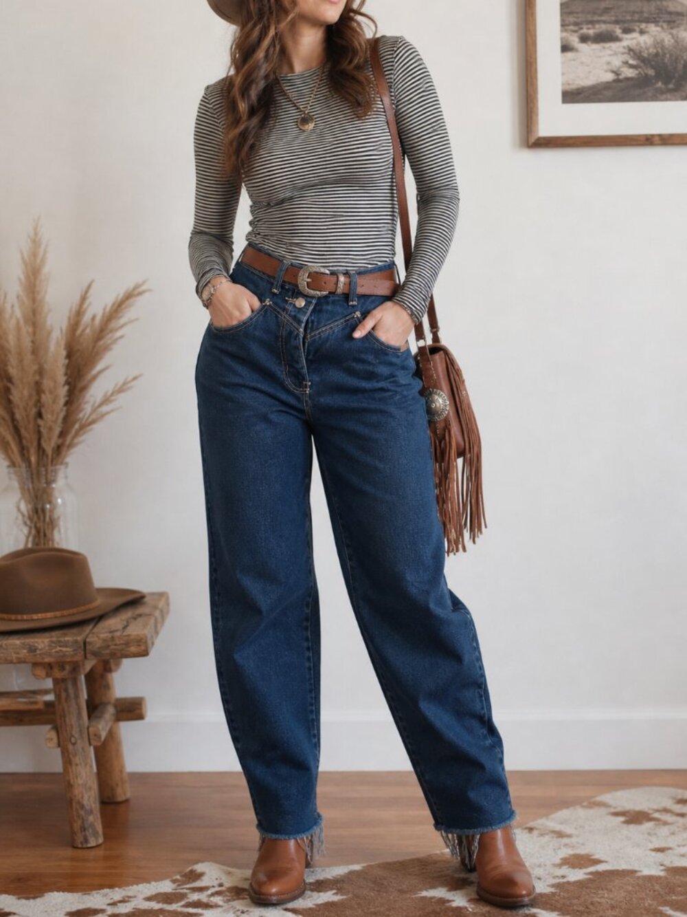 Rare western boho high rise relaxed baggy grunge distressed petite cotton jeans